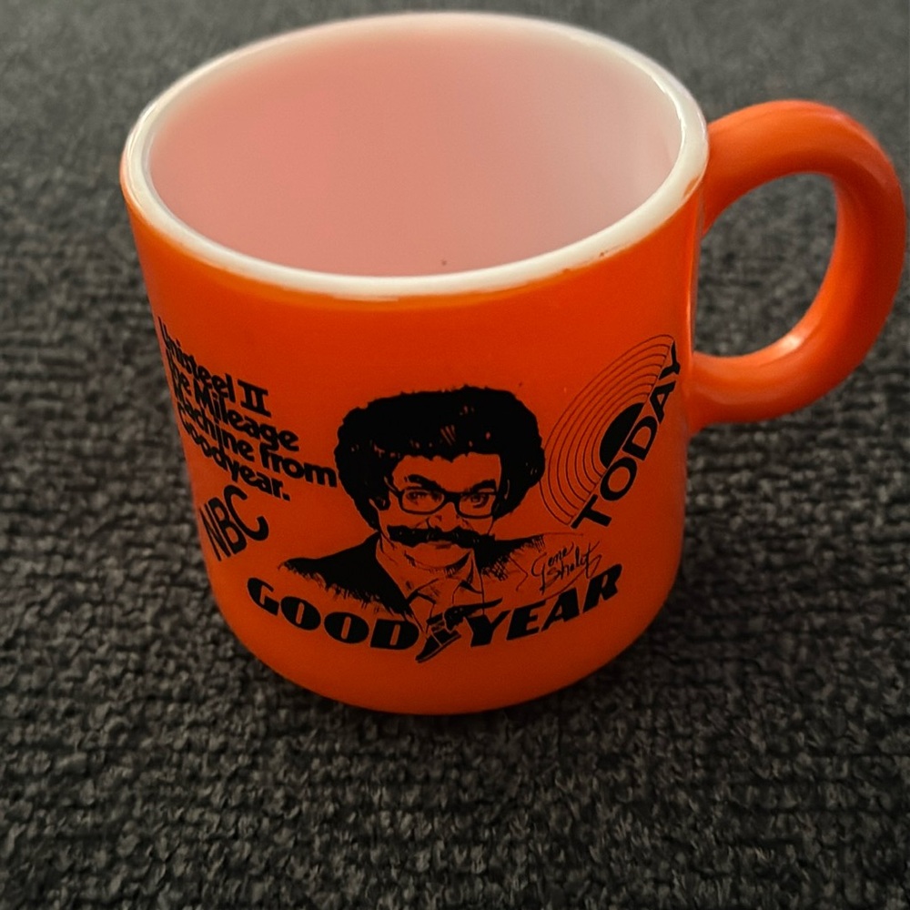 Vintage 70’s Gene Shalit NBC Today Host Coffee Cup Mug Orange Milk Glass